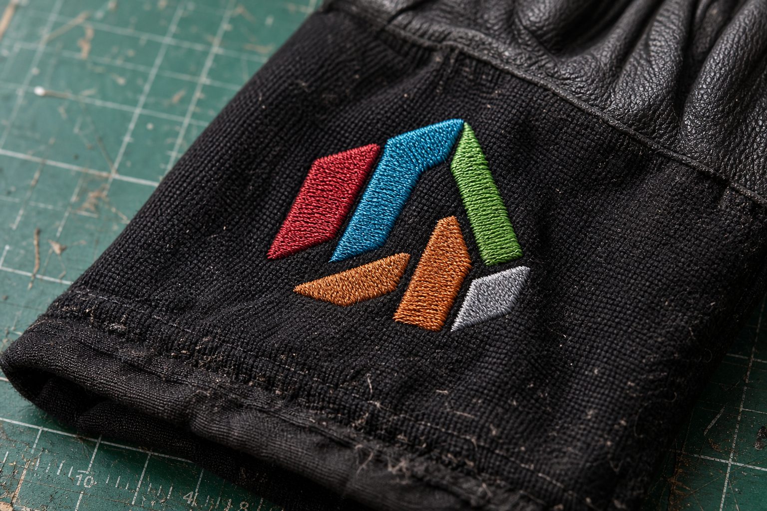 Embroidered company logo on glove