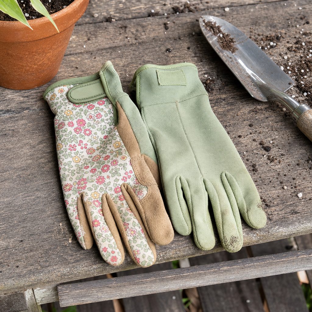Branded garden gloves with floral pattern